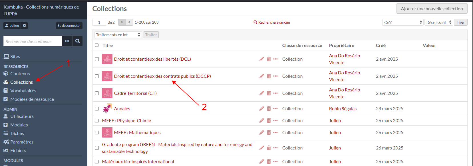 1. Afficher les Collections 2. Cliquer sur le titre de la collection